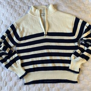 J. Crew Navy and Cream Striped Zip Up Sweater